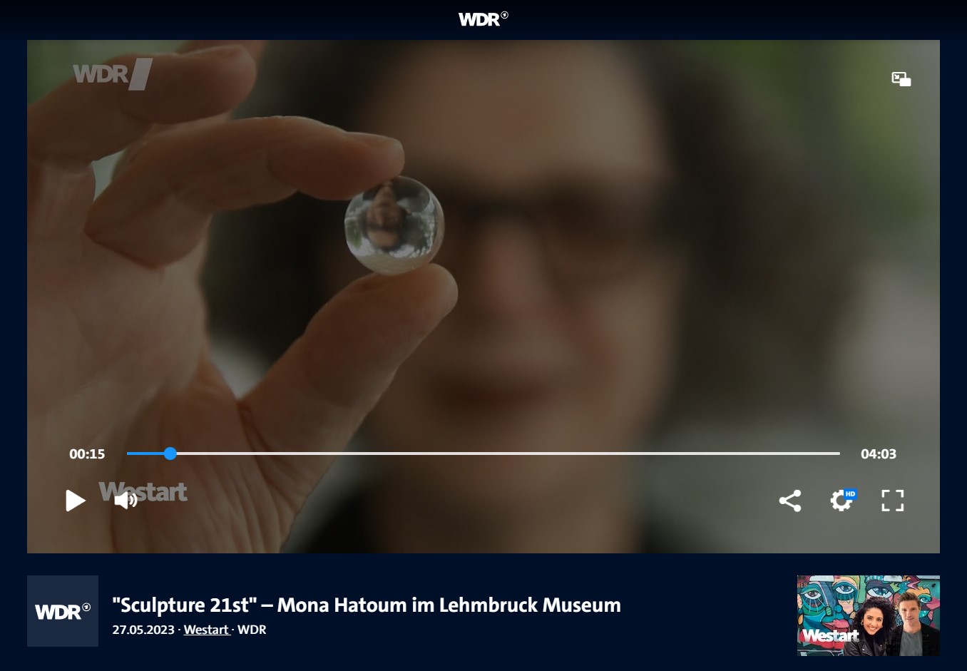 Screenshot der WDR Westart-Sendung über Mona Hatoum.